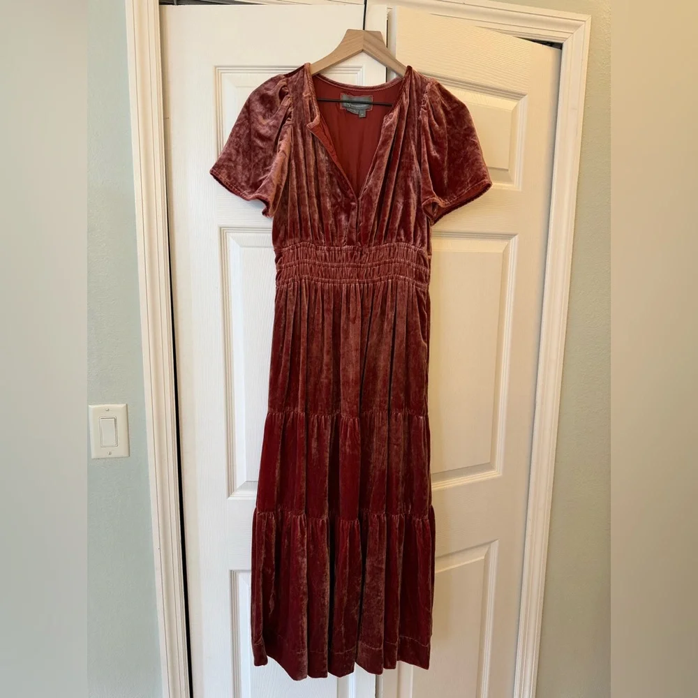 Anthropologie Velvet Maxi Dress in Deep Rust/Raspberry color small petite - Picture 4 of 10